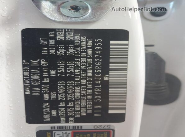 5XYRL4JC6RG274955 2024 KIA SORENTO Белый 