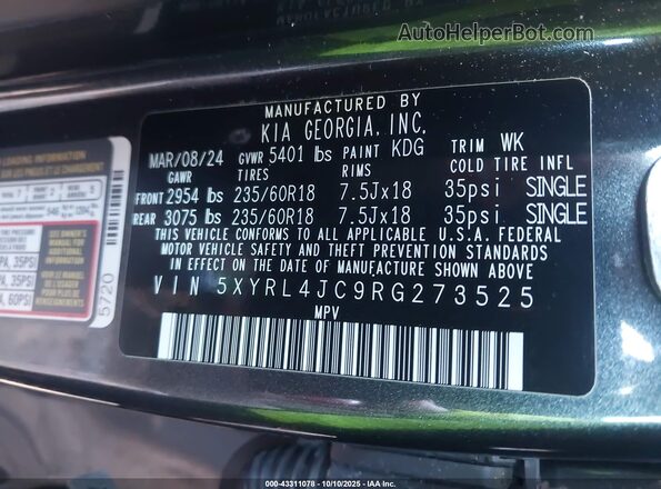 5XYRL4JC9RG273525 2024 KIA SORENTO Gray Շարժիչի բաժամունքի տեսք
