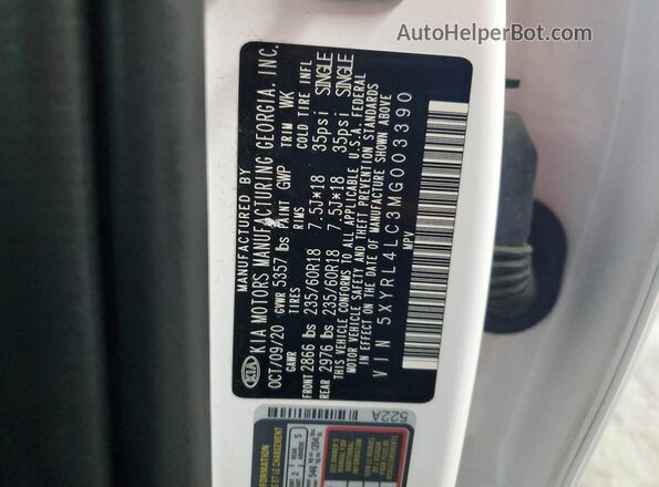 5XYRL4LC3MG003390 2021 KIA SORENTO White VIN կոդի պիտակի տեսք