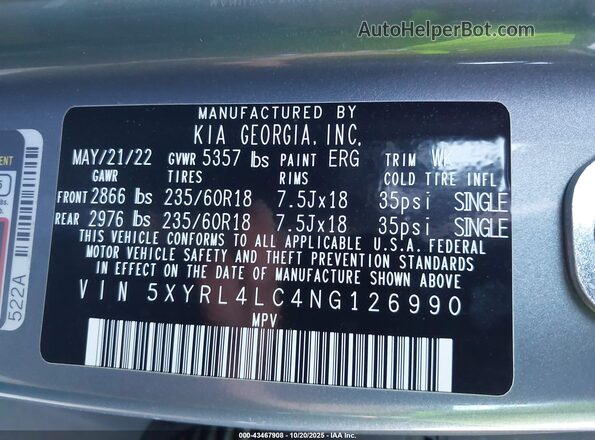 5XYRL4LC4NG126990 2022 KIA SORENTO Gray Vista del compartimento del motor