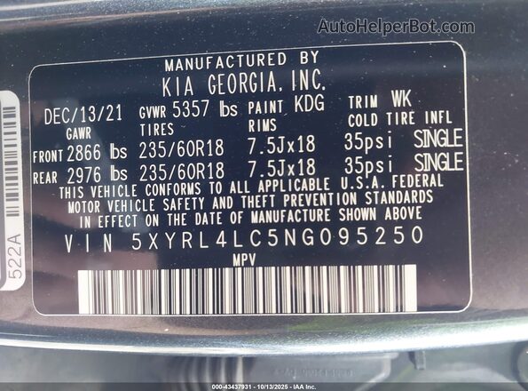 5XYRL4LC5NG095250 2022 KIA SORENTO Gray ძრავის განყოფილების ხედი
