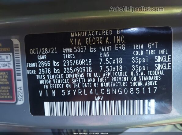 5XYRL4LC8NG085117 2022 KIA SORENTO Gray Engine compartment view