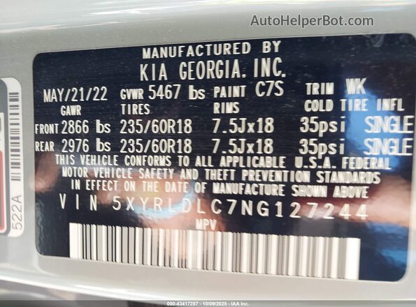 5XYRLDLC7NG127244 2022 KIA SORENTO Silver Շարժիչի բաժամունքի տեսք