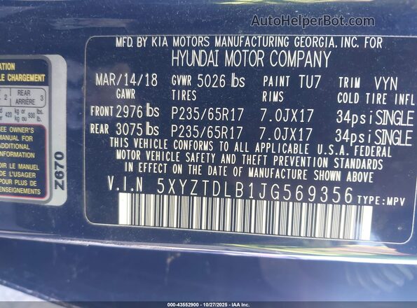 5XYZTDLB1JG569356 2018 HYUNDAI SANTA FE SPORT Blue 