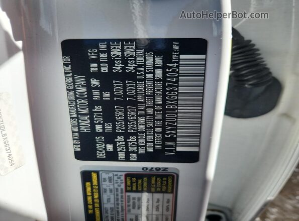 5XYZUDLBXGG374054 2016 HYUNDAI SANTA White Вид наклейки з VIN-кодом