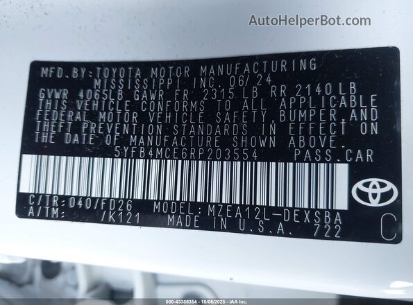 5YFB4MCE6RP203554 2024 TOYOTA LL White Widok komory silnika
