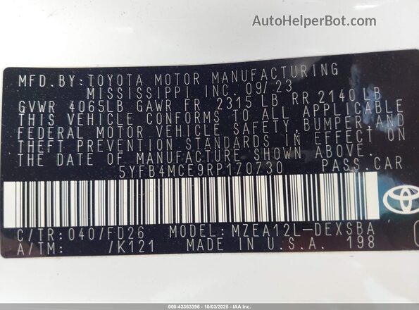 5YFB4MCE9RP170730 2024 TOYOTA LL Белый Вид подкапотного пространства