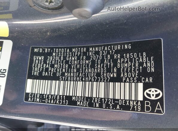 5YFBURHE4HP673327 2017 TOYOTA LL Gray Вид підкапотного простору