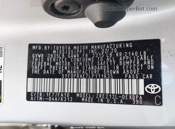 5YFDPRAE7LP111635 2020 TOYOTA LL Silver Շարժիչի բաժամունքի տեսք
