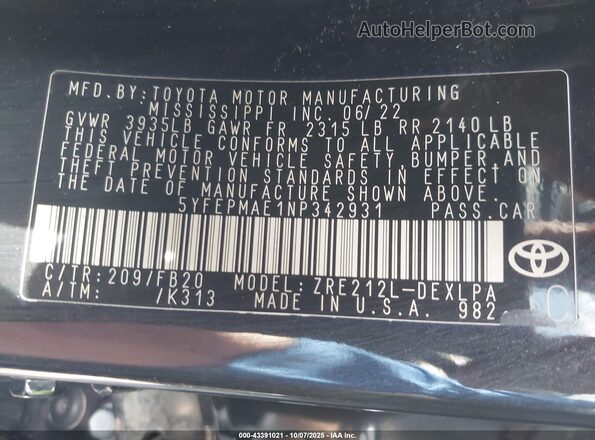 5YFEPMAE1NP342931 2022 TOYOTA LL Black Вид підкапотного простору