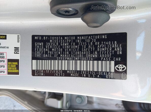 5YFEPMAE2MP180774 2021 TOYOTA LL Silver Вид підкапотного простору