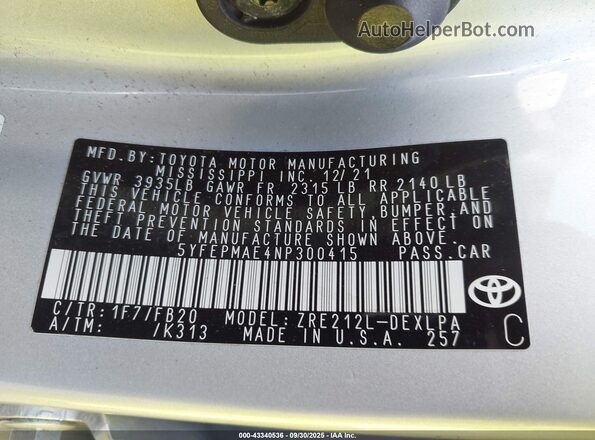 5YFEPMAE4NP300415 2022 TOYOTA LL Silver Vista del compartimento del motor