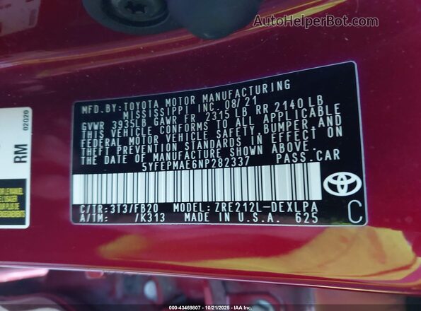 5YFEPMAE6NP282337 2022 TOYOTA LL Red Engine compartment view