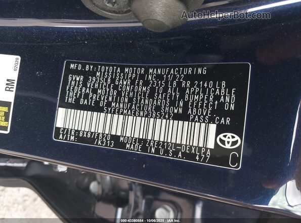 5YFEPMAE6NP385242 2022 TOYOTA LL Синий Вид подкапотного пространства