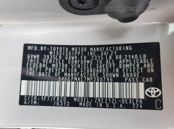 5YFEPMAE7MP260796 2021 TOYOTA LL Gray 