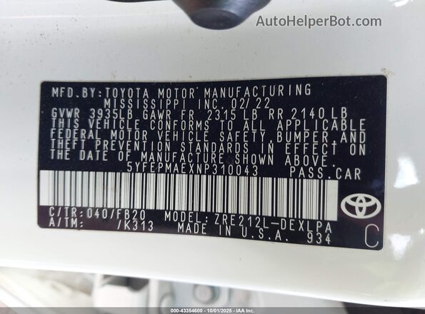 5YFEPMAEXNP310043 2022 TOYOTA LL White Widok komory silnika
