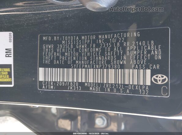 5YFEPMAEXNP379380 2022 TOYOTA LL Black Vista del compartimento del motor