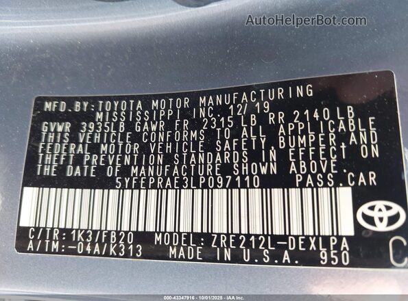 5YFEPRAE3LP097110 2020 TOYOTA LL Gray Engine compartment view