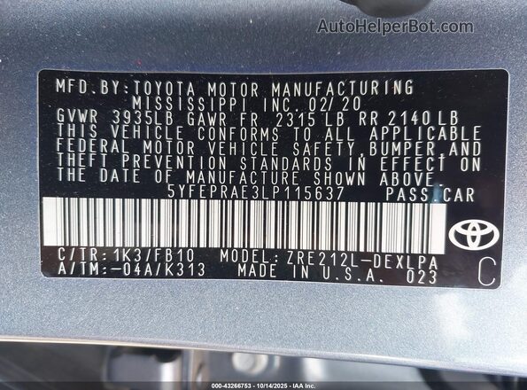 5YFEPRAE3LP115637 2020 TOYOTA LL Blue Vista del compartimento del motor