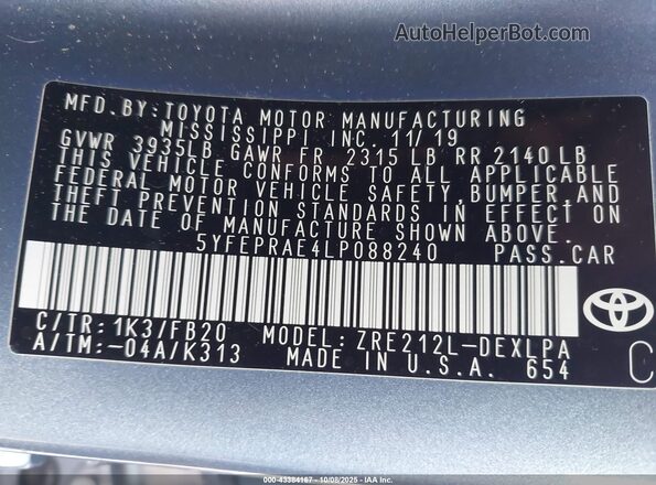5YFEPRAE4LP088240 2020 TOYOTA LL Blue Շարժիչի բաժամունքի տեսք