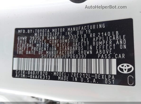 5YFEPRAE7LP060397 2020 TOYOTA LL White Widok komory silnika