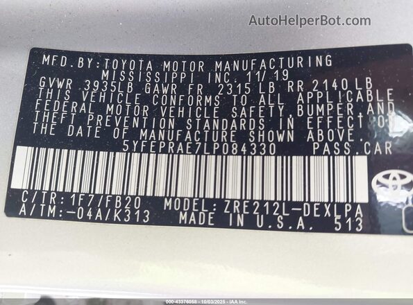 5YFEPRAE7LP084330 2020 TOYOTA LL Silver Widok komory silnika