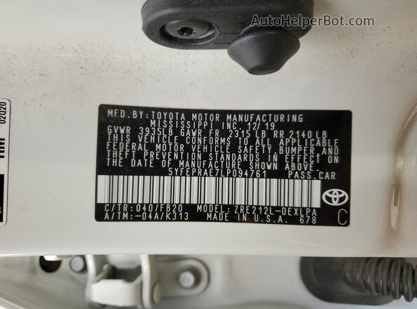 5YFEPRAE7LP094761 2020 TOYOTA LL White Engine compartment view