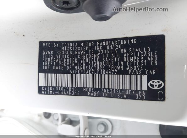5YFEPRAE7LP104477 2020 TOYOTA LL White ძრავის განყოფილების ხედი