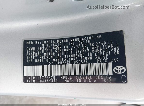 5YFEPRAE8LP053586 2020 TOYOTA LL Silver Vista del compartimento del motor