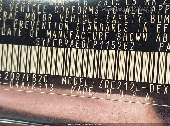 5YFEPRAE8LP115262 2020 TOYOTA LL Dark Blue Engine compartment view
