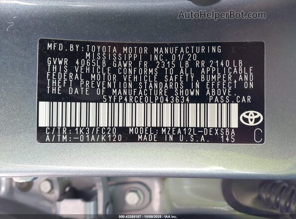 5YFP4RCE0LP043634 2020 TOYOTA LL Blue Widok komory silnika