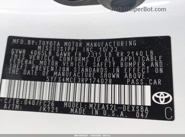 5YFS4MCE3RP174028 2024 TOYOTA LL White Engine compartment view