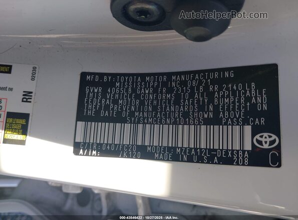 5YFS4MCE6NP101665 2022 TOYOTA LL White Вид підкапотного простору