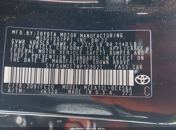 5YFS4MCE7NP129622 2022 TOYOTA LL Black Вид підкапотного простору