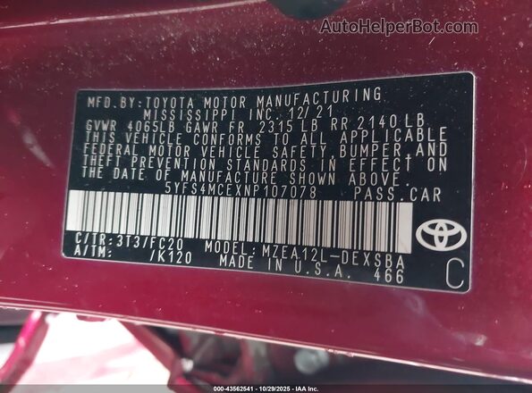 5YFS4MCEXNP107078 2022 TOYOTA LL Maroon Engine compartment view