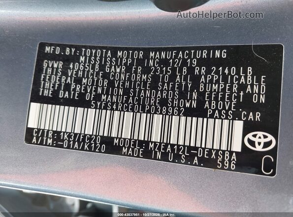 5YFS4RCE0LP038962 2020 TOYOTA LL Синий Вид подкапотного пространства