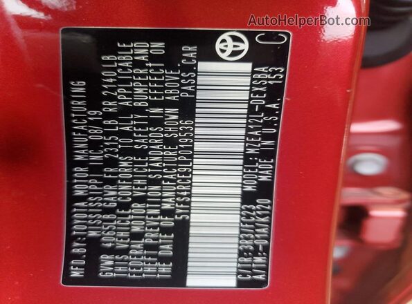 5YFS4RCE9LP019536 2020 TOYOTA LL Red Engine compartment view