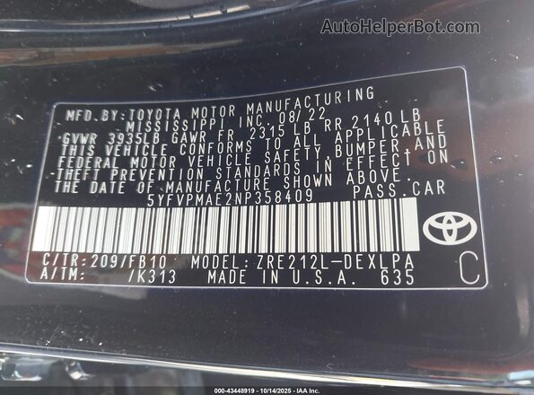 5YFVPMAE2NP358409 2022 TOYOTA LL Black Вид підкапотного простору
