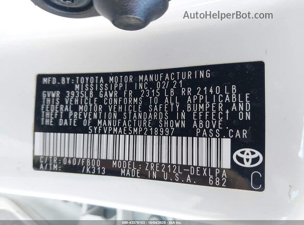 5YFVPMAE5MP218997 2021 TOYOTA LL White Widok komory silnika