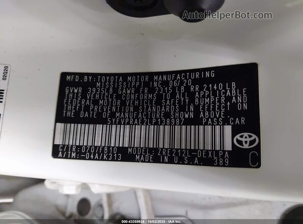5YFVPRAE2LP138987 2020 TOYOTA LL White Вид підкапотного простору