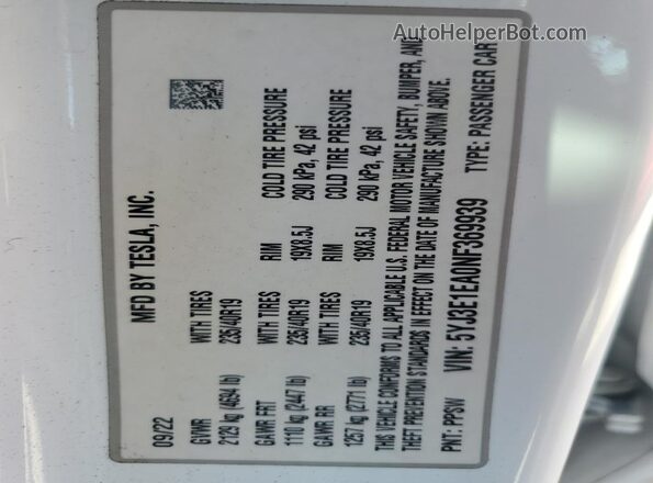 5YJ3E1EA0NF369939 2022 TESLA MODEL White 