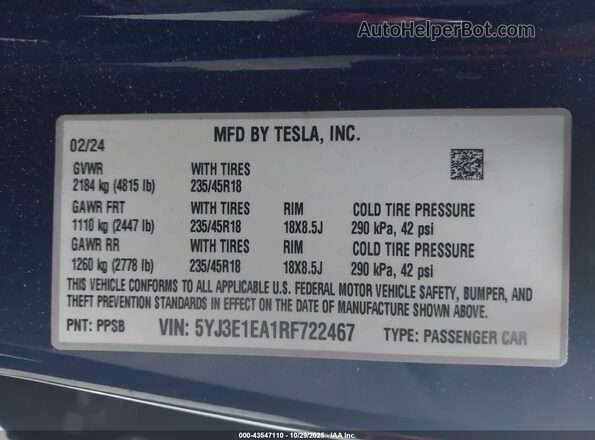 5YJ3E1EA1RF722467 2024 TESLA MODEL 3 Blue Widok komory silnika