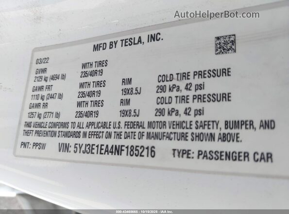 5YJ3E1EA4NF185216 2022 TESLA MODEL 3 White Շարժիչի բաժամունքի տեսք