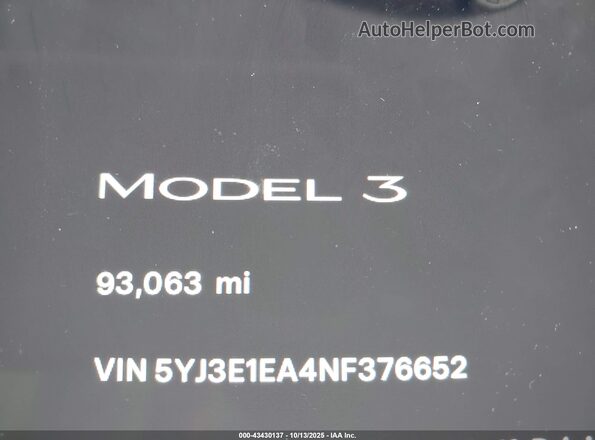 5YJ3E1EA4NF376652 2022 TESLA MODEL 3 Black 