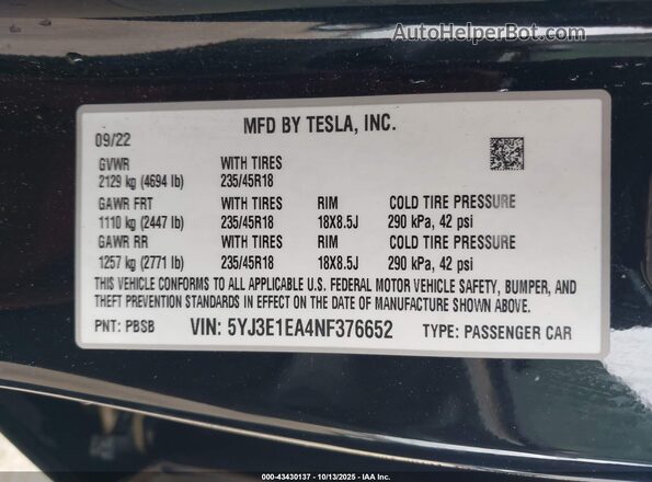 5YJ3E1EA4NF376652 2022 TESLA MODEL 3 Black Engine compartment view