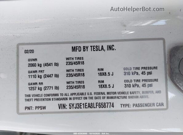 5YJ3E1EA8LF658774 2020 TESLA MODEL 3 White Vista del compartimento del motor
