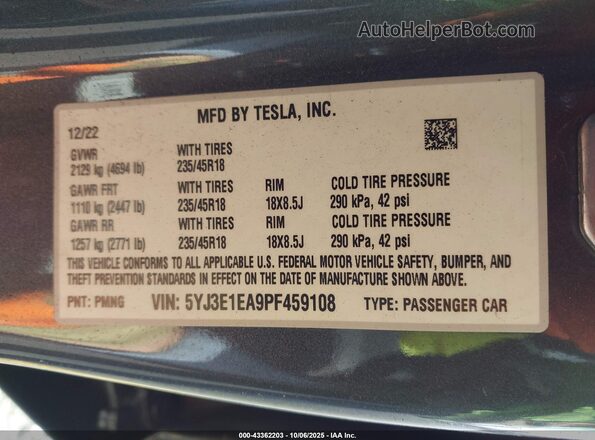 5YJ3E1EA9PF459108 2023 TESLA MODEL 3 Gray Vista del compartimento del motor