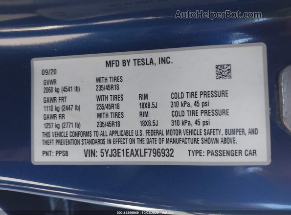 5YJ3E1EAXLF796932 2020 TESLA MODEL 3 Синий Вид подкапотного пространства