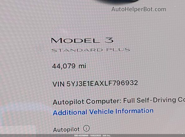 5YJ3E1EAXLF796932 2020 TESLA MODEL 3 Синий 