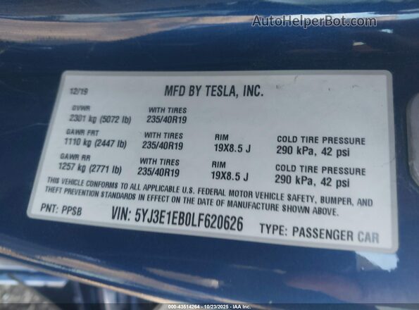 5YJ3E1EB0LF620626 2020 TESLA MODEL 3 Blue Engine compartment view
